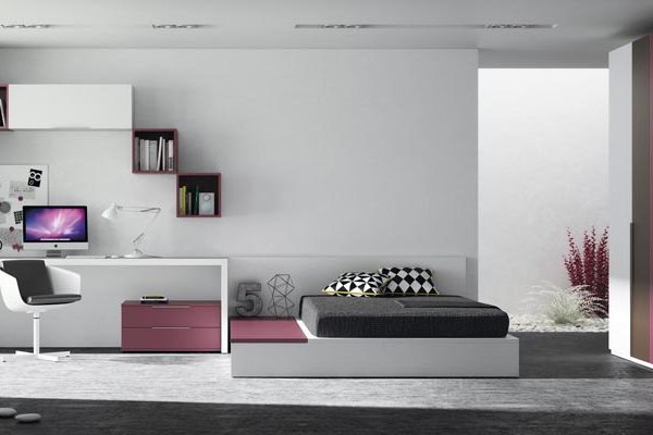 Habitació juvenil llit canapè amb armari portes batents amb combinació de colors